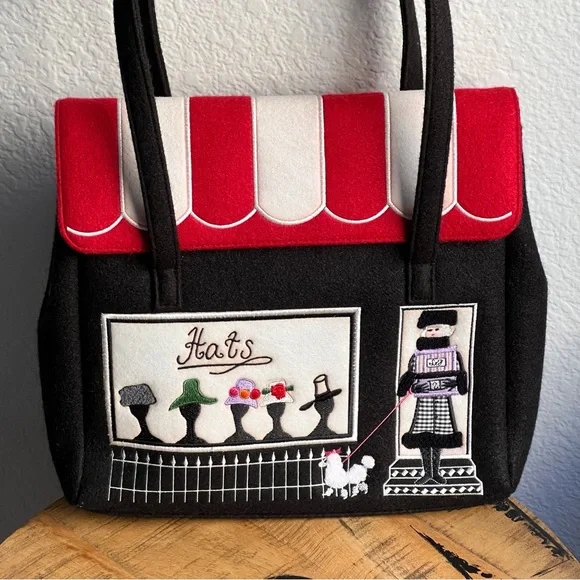 Vintage Felted Wool Embroidered Bag Hat Shop and Poodle Design Black Red White